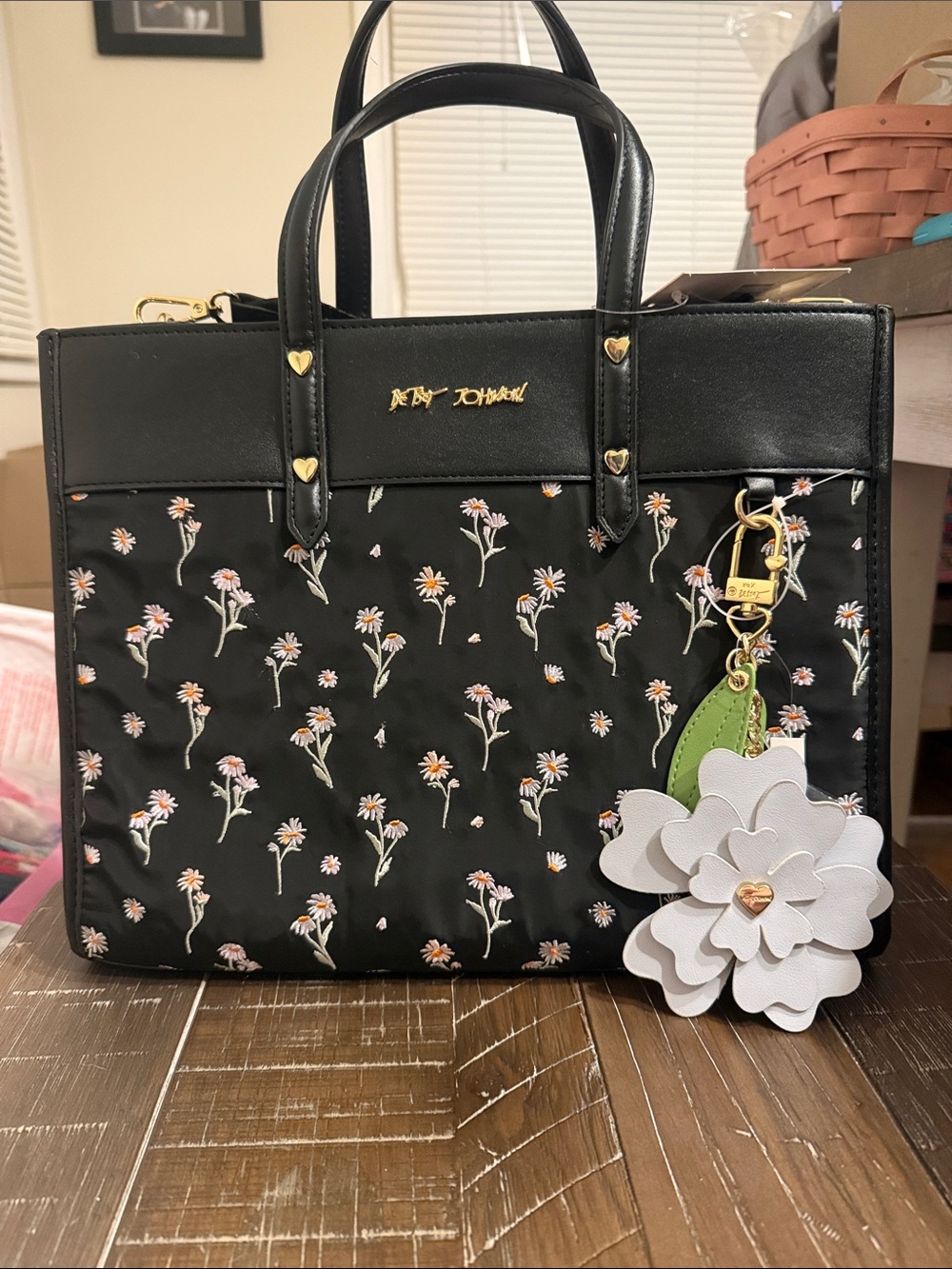 Betsey Johnson Black Floral Satchel/Crossbody with White Flower Charm